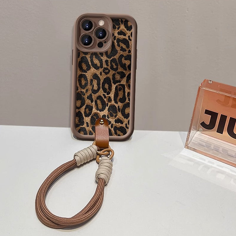 Funda para iPhone con estampado de leopardo y cordón