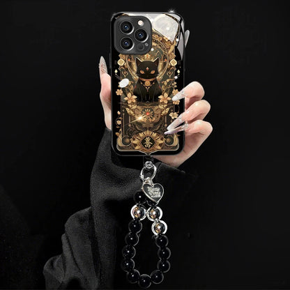 Funda para móvil con diseño de gato negro y dorado con correa