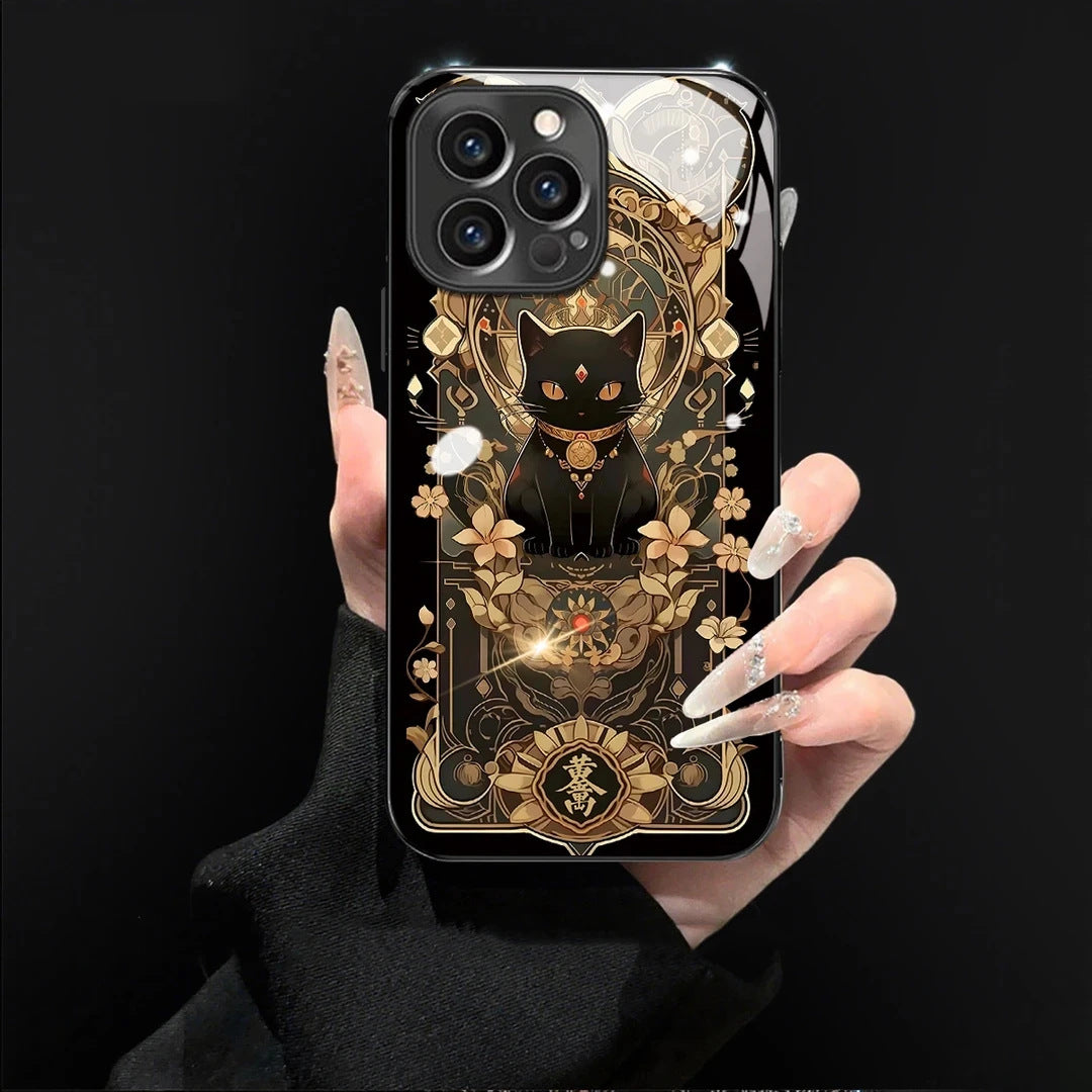 Funda para móvil con diseño de gato negro y dorado con correa