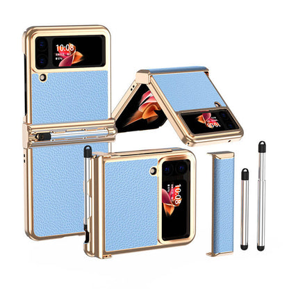 Funda de cuero de lujo para Samsung Galaxy Z Flip3(4) con doble bisagra - Stylus retráctil