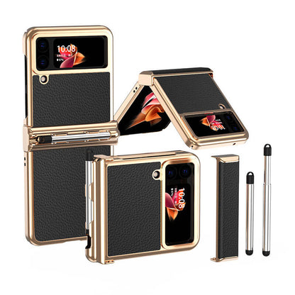 Funda de cuero de lujo para Samsung Galaxy Z Flip3(4) con doble bisagra - Stylus retráctil