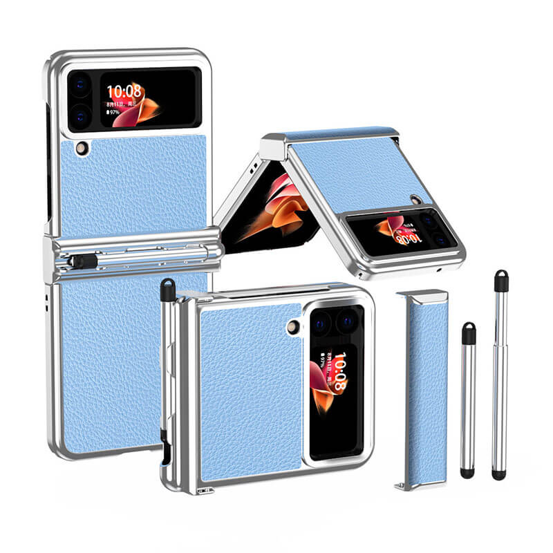Funda de cuero de lujo para Samsung Galaxy Z Flip3(4) con doble bisagra - Stylus retráctil