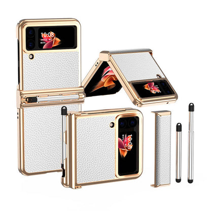 Funda de cuero de lujo para Samsung Galaxy Z Flip3(4) con doble bisagra - Stylus retráctil