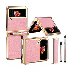 Funda de cuero de lujo para Samsung Galaxy Z Flip3(4) con doble bisagra - Stylus retráctil