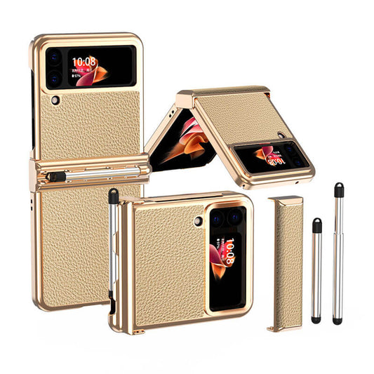 Funda de cuero de lujo para Samsung Galaxy Z Flip3(4) con doble bisagra - Stylus retráctil