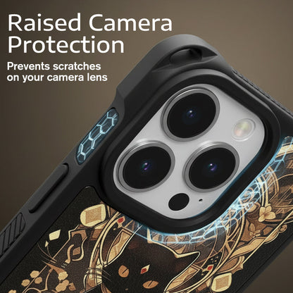 Funda para móvil con diseño de gato negro y dorado con correa