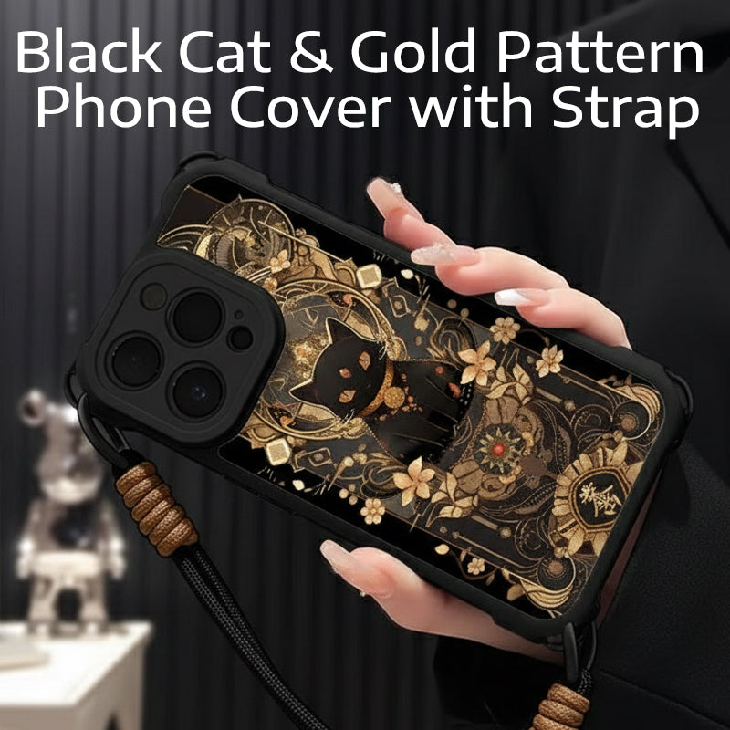 Funda para móvil con diseño de gato negro y dorado con correa