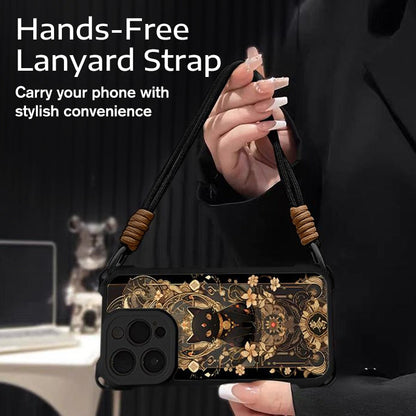 Funda para móvil con diseño de gato negro y dorado con correa