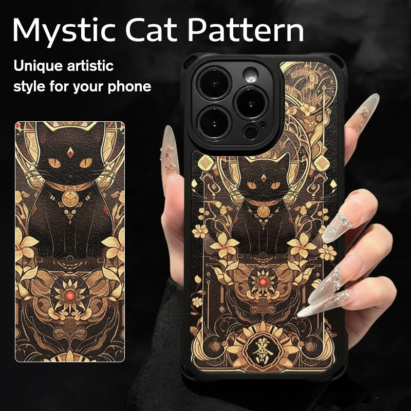 Funda para móvil con diseño de gato negro y dorado con correa