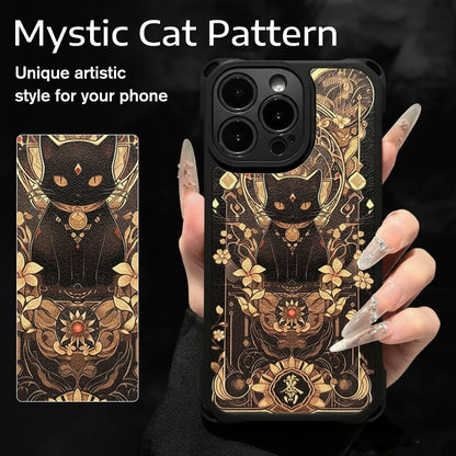 Funda para móvil con diseño de gato negro y dorado con correa