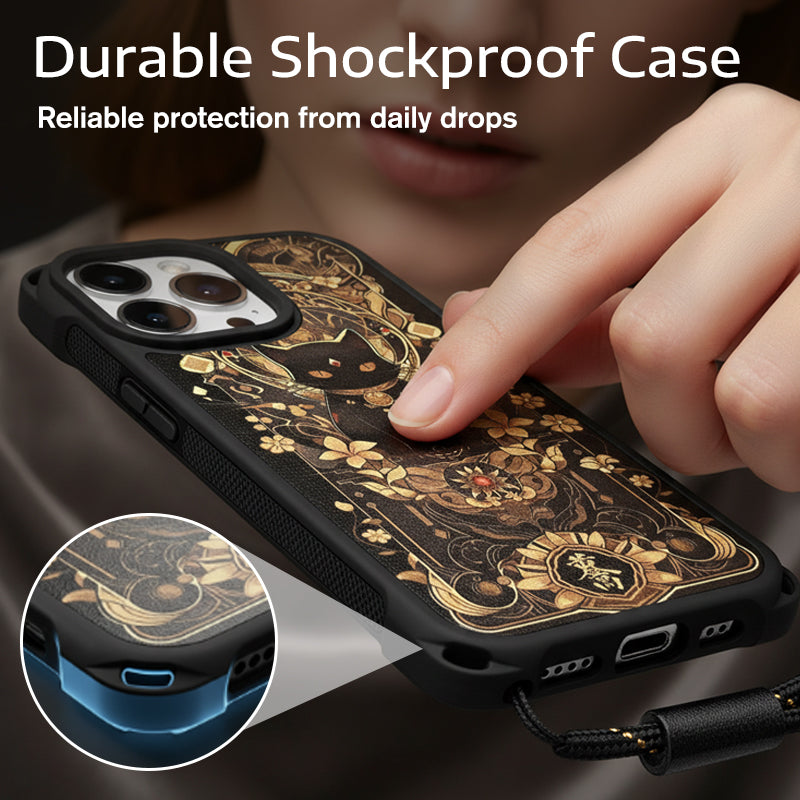 Funda para móvil con diseño de gato negro y dorado con correa