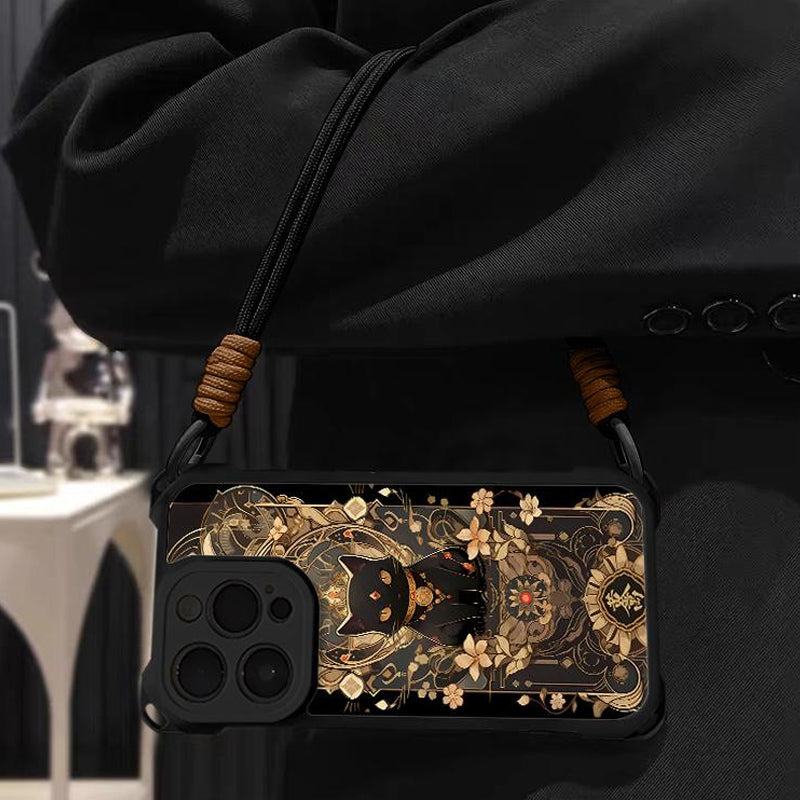 Funda para móvil con diseño de gato negro y dorado con correa
