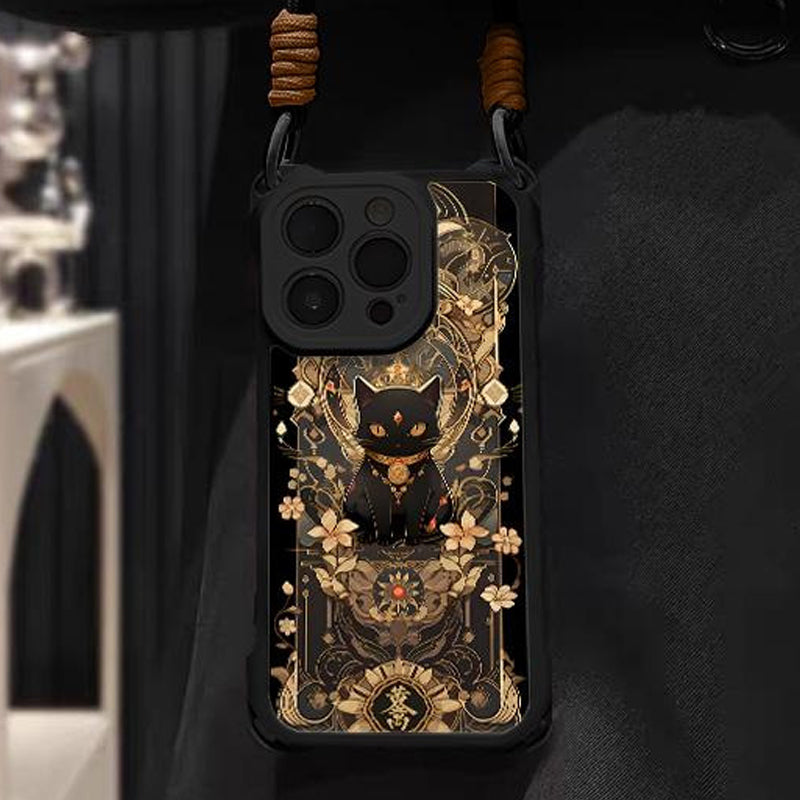 Funda para móvil con diseño de gato negro y dorado con correa
