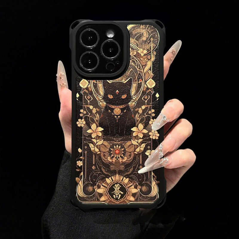 Funda para móvil con diseño de gato negro y dorado con correa