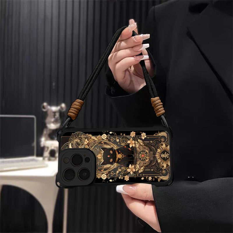 Funda para móvil con diseño de gato negro y dorado con correa